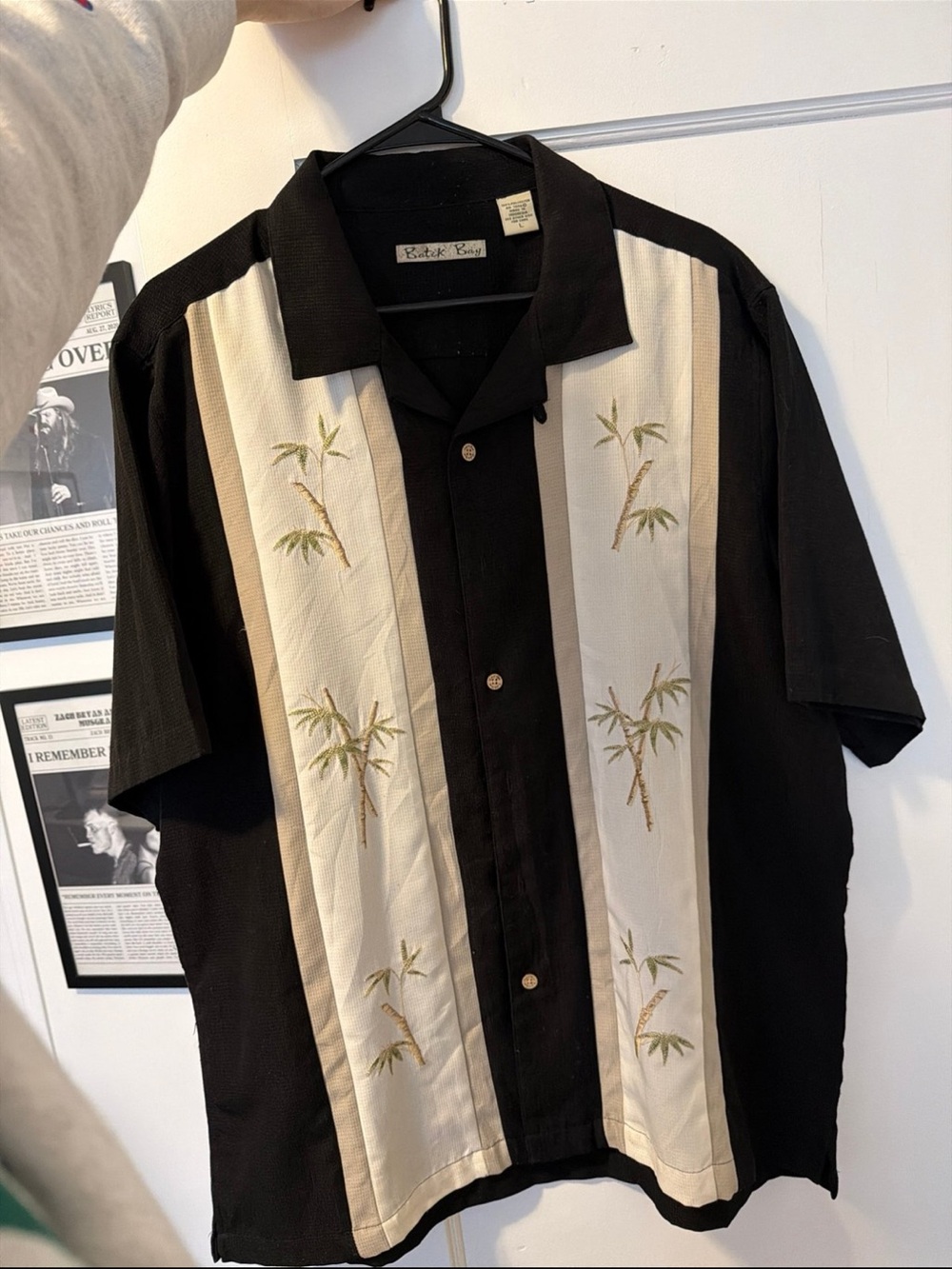 Relaxed Black and Cream Embroidered Bamboo Camp Shirt by